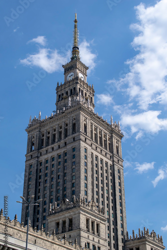 The Palace of Culture and Science, one of the main symbols of Warsaw skyline, Poland. Blue sky