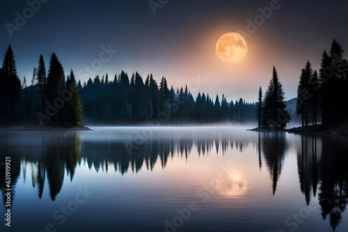 moon at night over the lake ai generated