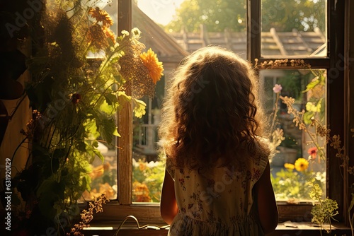 A child is gazing out of an open window on a sunny summer afternoon, captivated by the warm light. Seen from a distance, a young girl is seen from her back, opening a window that leads to a sun #631920129