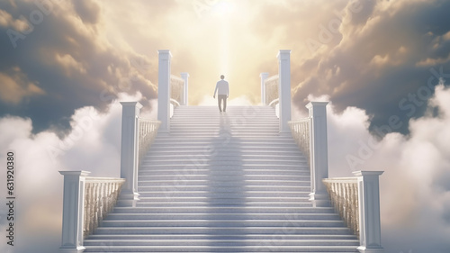 man climbs the heavenly ladder to paradise.