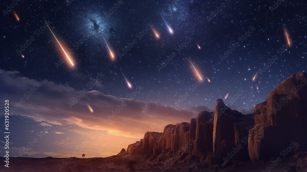 landscape meteor shower in the starry sky. - obrazy, fototapety, plakaty 
