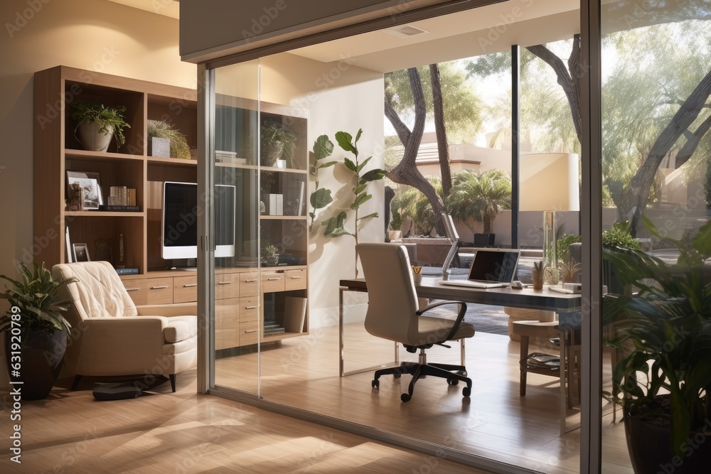 A cozy home office is set up near the foyer entrance, featuring a glass walled and glass doored area with a desk. Two armchairs are placed alongside, providing additional seating options. A notebook A cozy home office is set up near the foyer entrance, featuring a glass walled and glass doored area with a desk. Two armchairs are placed alongside, providing additional seating options. A notebook
