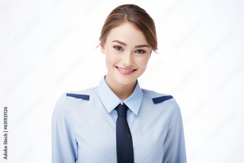 a closeup photo of a beautiful young female white caucasian american european stewardess with uniform standing isolated on white studio background. ready for plane flight in the airport. Generative AI a closeup photo of a beautiful young female white caucasian american european stewardess with uniform standing isolated on white studio background. ready for plane flight in the airport. Generative AI