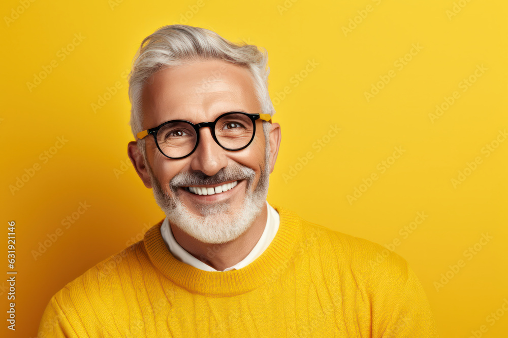 Happy senior man with grey hair, wearing glasses and casual jumper, poses on vivid yellow background. Enjoying a pleasant conversation. Happy senior man with grey hair, wearing glasses and casual jumper, poses on vivid yellow background. Enjoying a pleasant conversation.