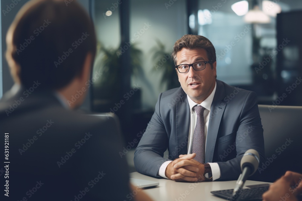 a american male office worker with a suit and glasses applies for a job interview. talking with the hiring manager. asking and answering questions. business meeting in a modern bureau. Generative AI