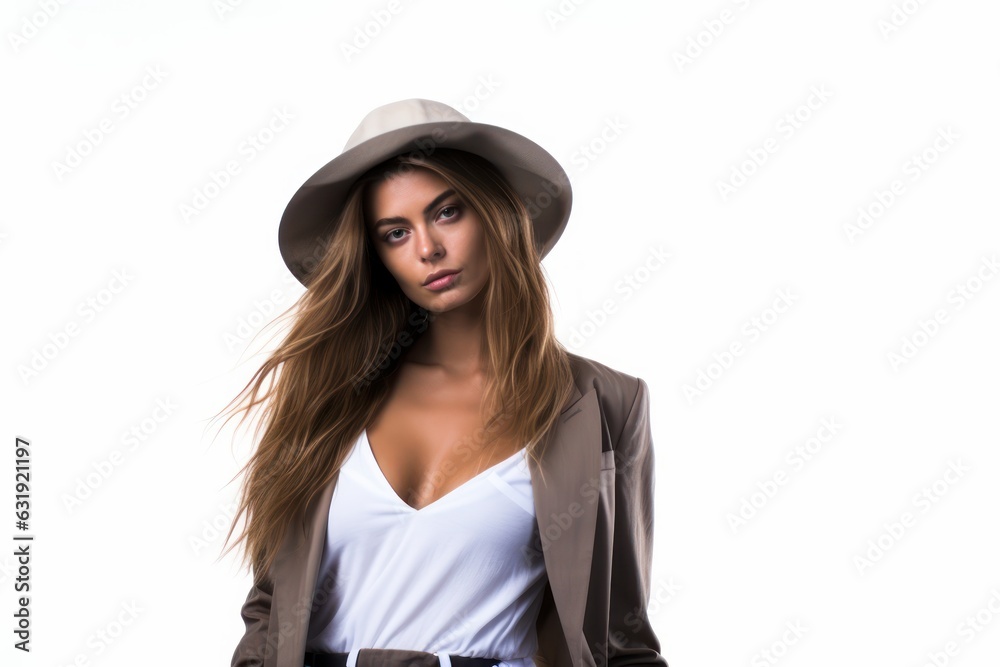 a photo portrait of a young beautiful american fashion stylist designer woman with a suit and a hat standing isolated on white studio background. Generative AI a photo portrait of a young beautiful american fashion stylist designer woman with a suit and a hat standing isolated on white studio background. Generative AI