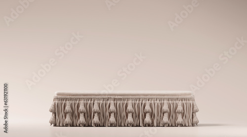 Minimal winter product background for sale event concept. Beige velvet tassel podium on beige background. 3d render illustration. Clipping path of each element included.