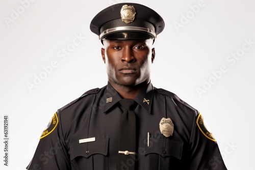 a closeup photo a black african american nyc male police office with uniform and hat standing. isolated on white background. Generative AI photo