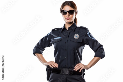 a closeup photo a white caucasian american nyc female police office with uniform and hat standing. isolated on white background. Generative AI