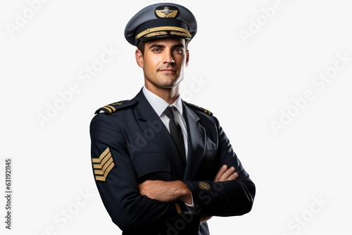 Tablou canvas a closeup photo of a young american aircraft plane pilot with uniform and his hat standing with his hands crossed