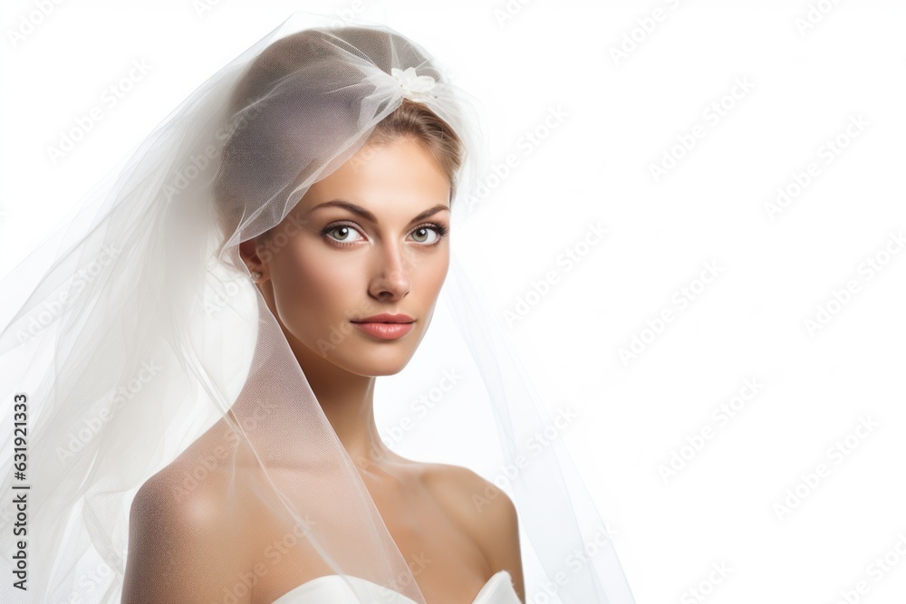 closeup photo of a beautiful woman bride with wedding dress and bridal veil. isolated on white studio background. Generative AI closeup photo of a beautiful woman bride with wedding dress and bridal veil. isolated on white studio background. Generative AI