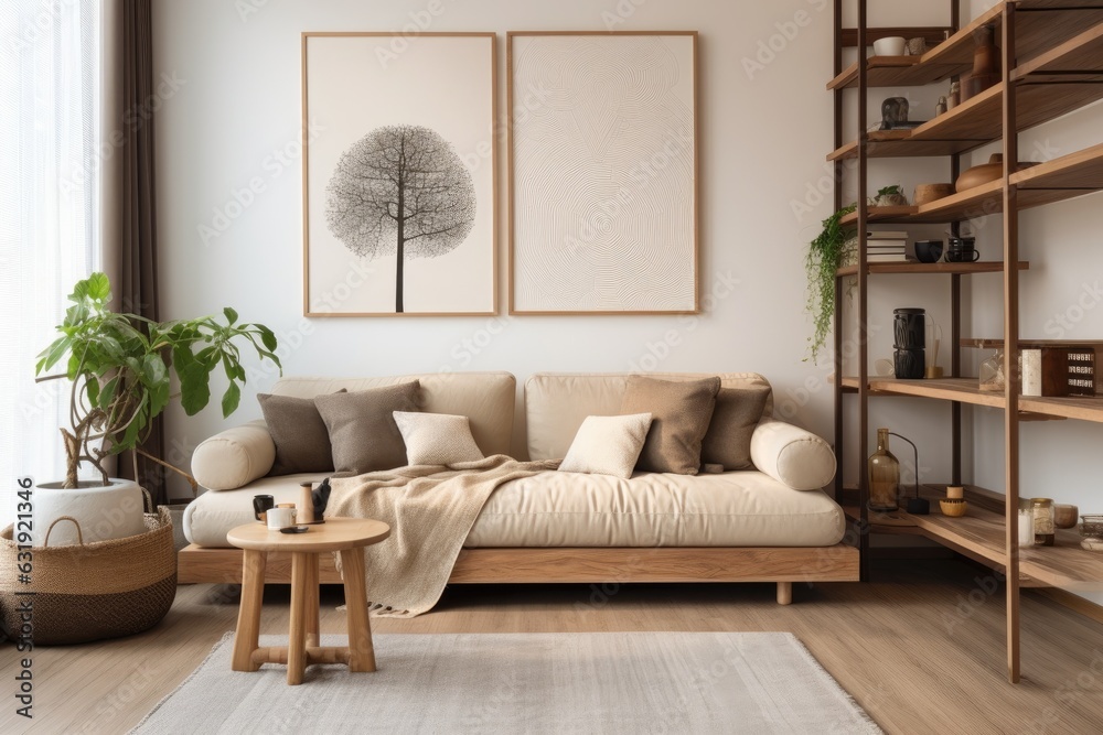 A contemporary idea of a homes indoor space featuring a fashionable couch, a wooden divider for the room, cushions, a cozy blanket, a decorative frame for pictures, a small wooden stool, and A contemporary idea of a homes indoor space featuring a fashionable couch, a wooden divider for the room, cushions, a cozy blanket, a decorative frame for pictures, a small wooden stool, and