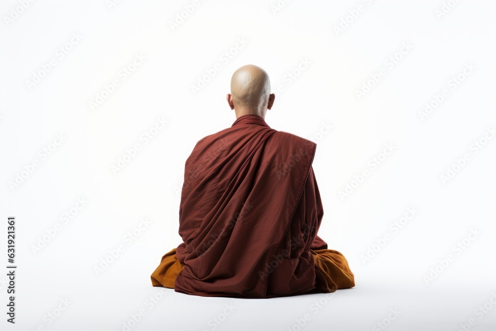 a photo of a bald buddhist monk with orange robe sitting in the lotus pose, isolated on white background. praying and meditating. photo from behind his back. Generative AI - obrazy, fototapety, plakaty 