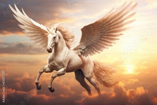 a beautiful flying horse with wings pink pegasus. winged divine stallion mythical creature from greek mythology. high in the beautiful sky at sunset in the clouds. Generative AI