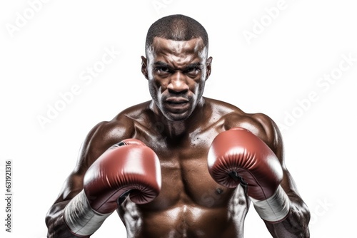 a photo of a black african american male boxer with athletic body and red boxing gloves standing in pose ready to fight. isolated on white studio background. Generative AI © SayLi