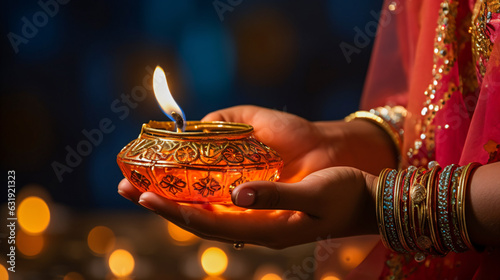 happy diwali party in india with the lights of burning lamp holding by idian hands photo