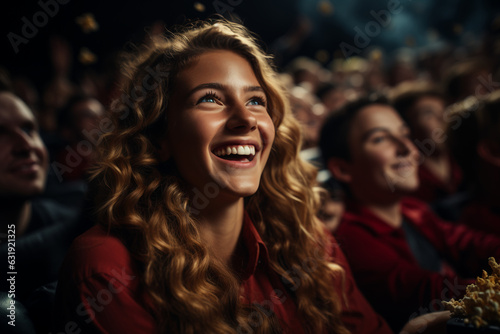 young woman with curly hair sitting in the cinema and watching movie
