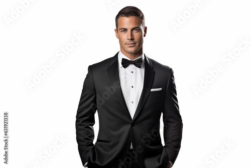 closeup photo of a handsome young white american man groom with wedding black suit and a bow tie. isolated on white studio background. Generative AI