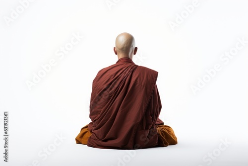 a photo of a bald buddhist monk with orange robe sitting in the lotus pose, isolated on white background. praying and meditating. photo from behind his back. Generative AI photo