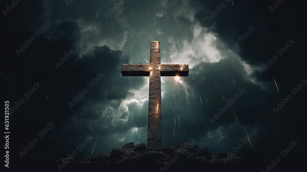 a glowing cross against a gloomy sky concept faith religion. a glowing cross against a gloomy sky concept faith religion.