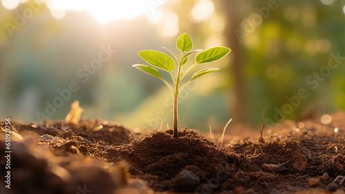 Growing Seedling with Morning Sunshine on Green Bokeh Background  AI generated