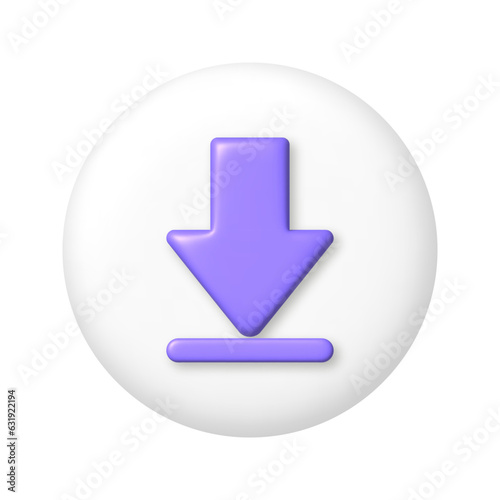 Purple 3D down arrow icon on white button. 3d cartoon vector illustration.