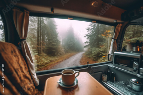 Steaming cup of coffee in a van life campervan living the slow life. Generative AI