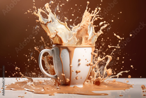 Splashing of latte coffee in glass cup. Generative AI
