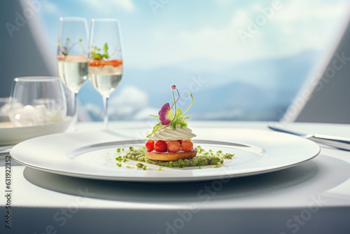 Fototapeta Refined and elegant restaurant cuisine in pastel colors on light background