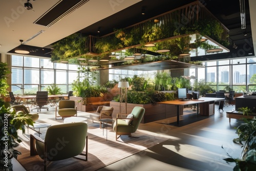 A contemporary office space adorned with vibrant potted greenery enhances the ambiance of the workplace. © 2rogan