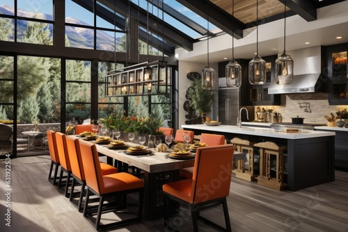A contemporary rustic style kitchen with pale wooden floors, white granite marble countertops, a spacious dining table accompanied by eight chairs, sleek stainless steel appliances, vibrant orange