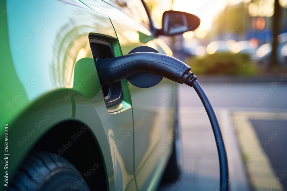 charging port of an electric car plugged in at a public charging station
charging port of an electric car plugged in at a public charging station