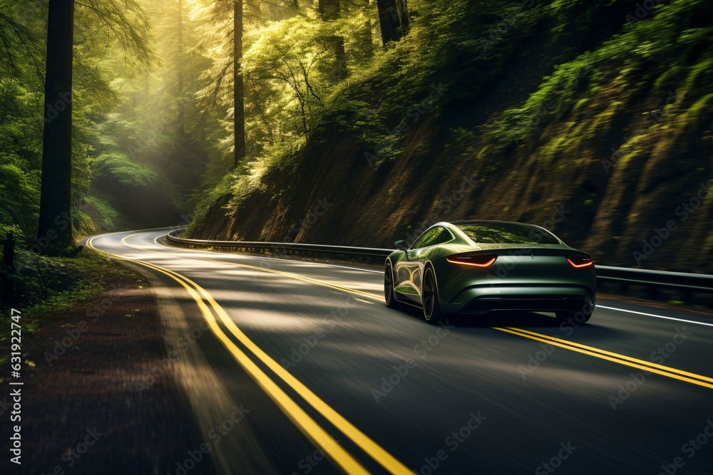 sporty electric car speeding down a winding road, surrounded by a lush forest
