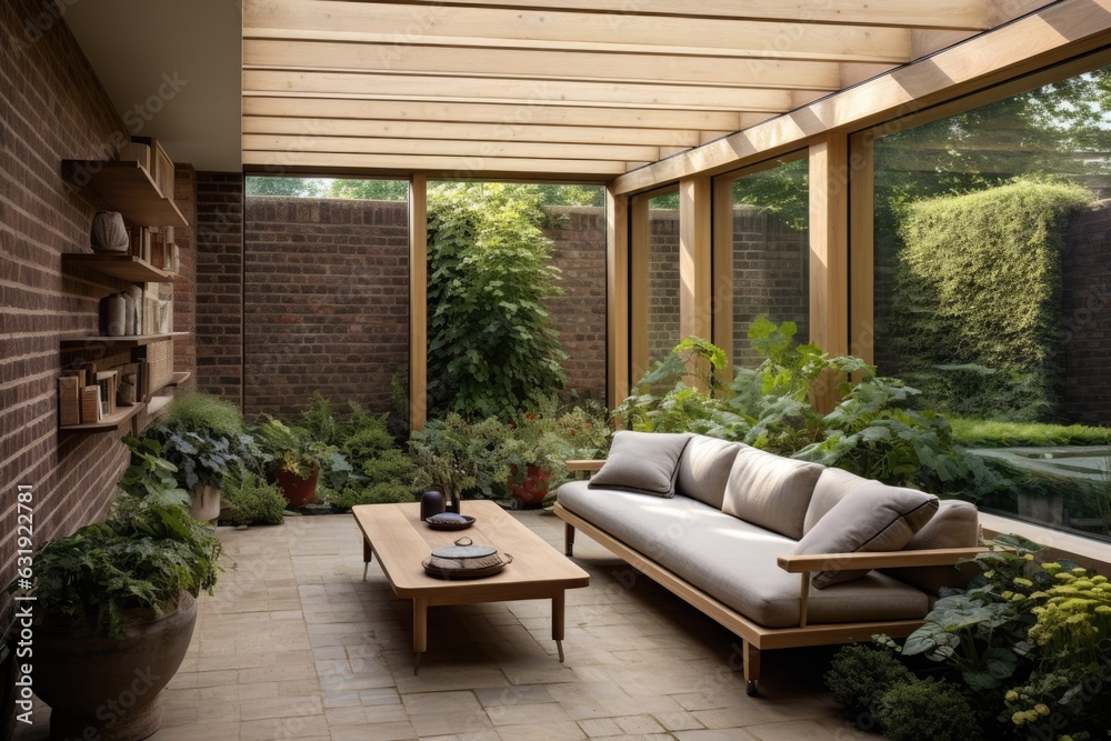 Fototapeta premium A contemporary sunroom or conservatory that stretches out into the garden, showcasing a prominent brick wall.