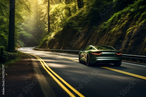 sporty electric car speeding down a winding road  surrounded by a lush forest