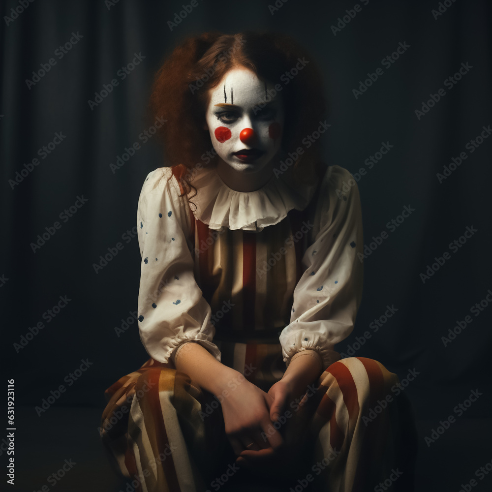 Sad female Clown holding a red balloon. Concept of loneliness, mental illness and sadness.