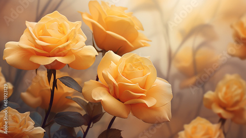 mehrere gelbe Rosen in Blütezeit. Querformat. Generative Ai.