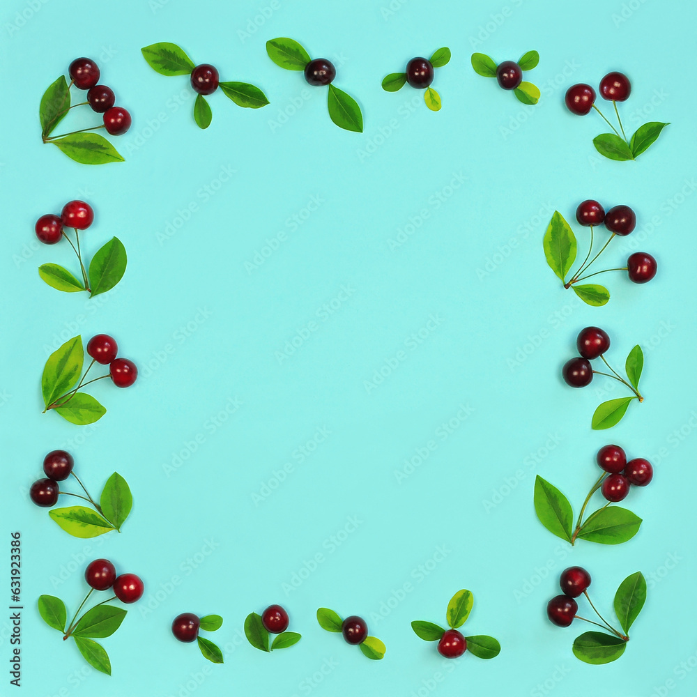 Frame with fresh red cherries berries and green leaves on light blue background. Top view, flat lay. Free copy space Frame with fresh red cherries berries and green leaves on light blue background. Top view, flat lay. Free copy space