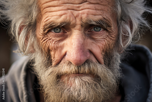 Elderly Caucasian Homeless Man, Closeup Portrait of Face