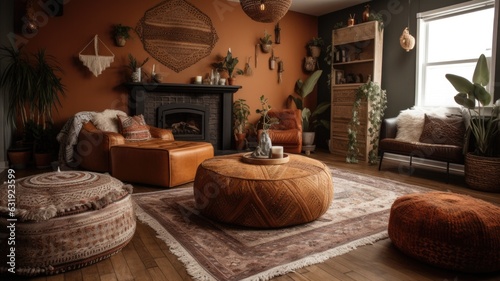 Living room decor, home interior design . Bohemian Rustic style with Fireplace decorated with Wicker and Wood material . Generative AI AIG26. photo