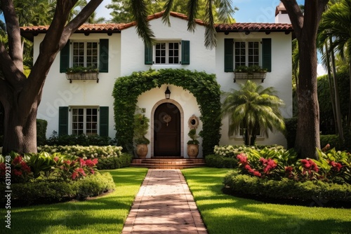 A colonial style house in the Granada neighborhood of Coral Gables features an attractive front garden. The facade showcases a pathway leading to the main entrance, a driveway, and a tiled roof. Palm