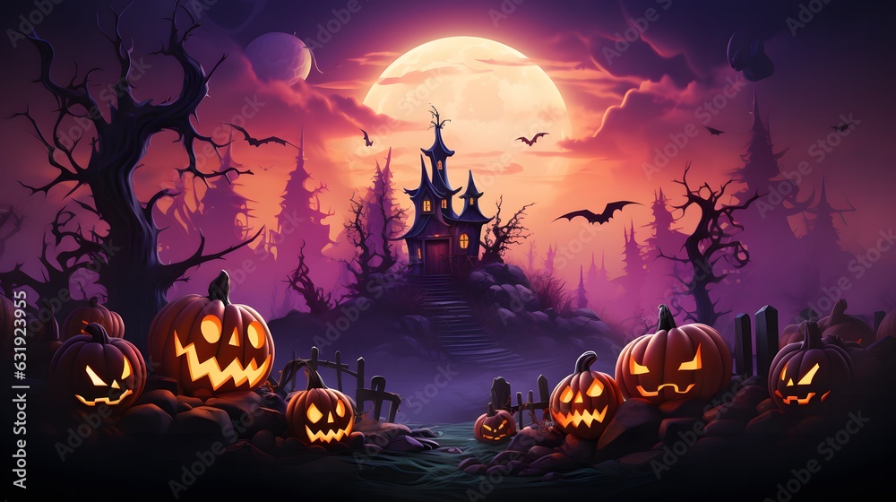 Halloween background with pumpkins and castle, 3d render illustration