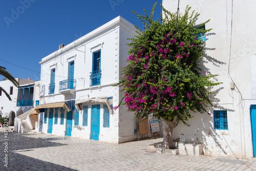 Bild auf Leinwand The street of Houmt Souk in Tunisia, white city with blue doors and windows and pink flowers