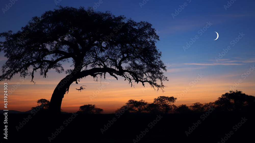 a crescent moon against a twilight sky, crater details visible, a silhouette of a large oak tree in the foreground