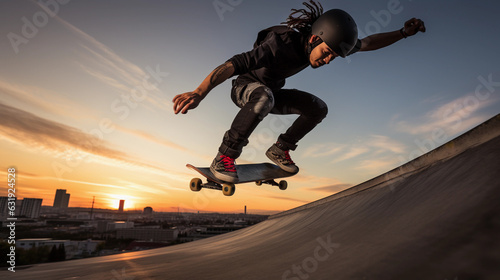 a skateboarder, punk - inspired look, with studded leather jacket, distressed denim, and bandana. In action mid - jump against the backdrop of a concrete urban skate park at sunset
