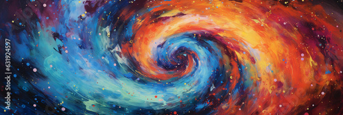Interpretation of a spiral galaxy, explosion of colors and light, interplay of shadows, textures and forms, high saturation, abstract expressionism, cosmic mystery