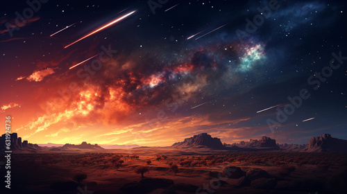 a meteor shower against a dark sky  fiery trails behind each meteor  a silhouette of a desert landscape at the bottom