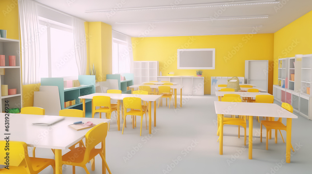 Bright Empty modern kids classroom or kindergarten room in light yellow pastel rainbow colors. 3d render illustration style. Bright Empty modern kids classroom or kindergarten room in light yellow pastel rainbow colors. 3d render illustration style.