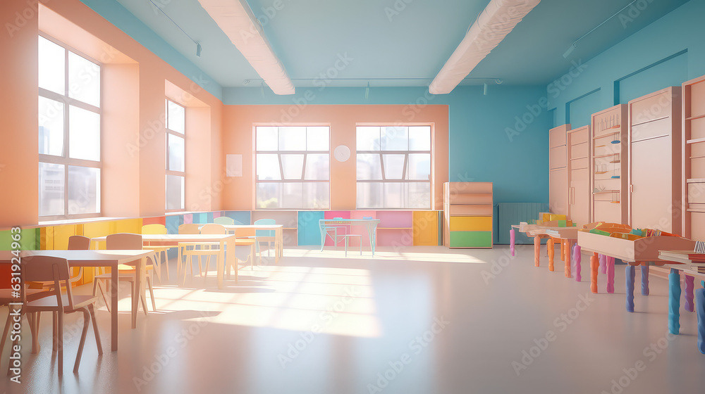 Bright Empty modern kids classroom or kindergarten room in light pastel rainbow colors. 3d render illustration style. Bright Empty modern kids classroom or kindergarten room in light pastel rainbow colors. 3d render illustration style.
