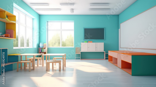 Bright Empty modern kids classroom or kindergarten room in light pastel blue rainbow colors. 3d render illustration style.